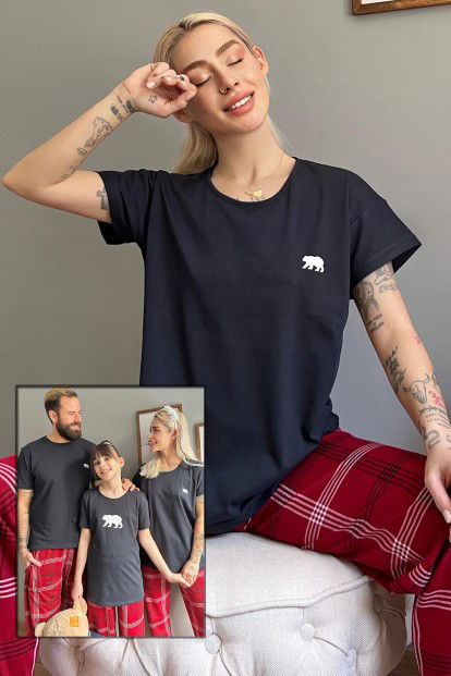 Lacivert Bear Kısa Kol Sevgili Aile Pijaması - Kadın Takımı - 1