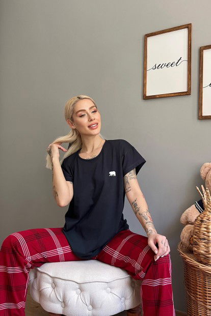 Lacivert Bear Kısa Kol Sevgili Aile Pijaması - Kadın Takımı - 2