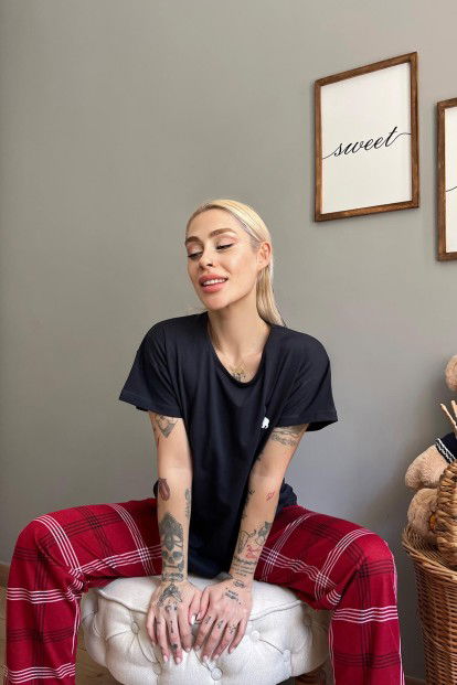 Lacivert Bear Kısa Kol Sevgili Aile Pijaması - Kadın Takımı - 3