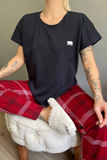 Lacivert Bear Kısa Kol Sevgili Aile Pijaması - Kadın Takımı - 4