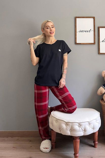 Lacivert Bear Kısa Kol Sevgili Aile Pijaması - Kadın Takımı - 5