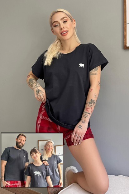 Lacivert Bear Şortlu Sevgili Aile Pijaması - Kadın Takımı - 6