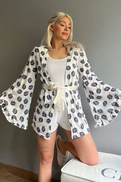 Lacivert Berry Desenli Kadın Kimono Sabahlık - 1