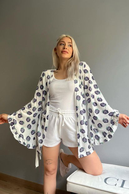 Lacivert Berry Desenli Kadın Kimono Sabahlık - 2
