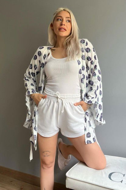 Lacivert Berry Desenli Kadın Kimono Sabahlık - 3