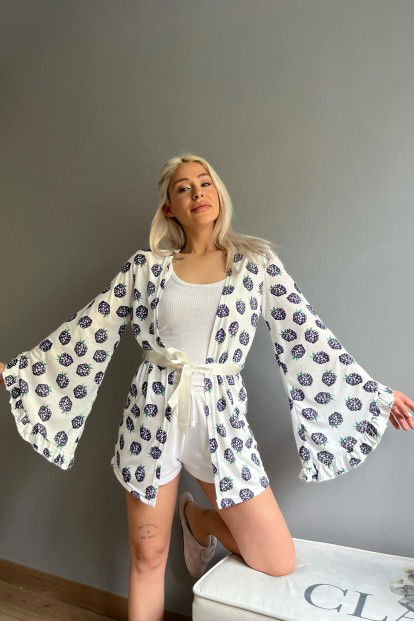 Lacivert Berry Desenli Kadın Kimono Sabahlık - 5