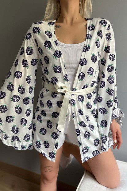 Lacivert Berry Desenli Kadın Kimono Sabahlık - 6