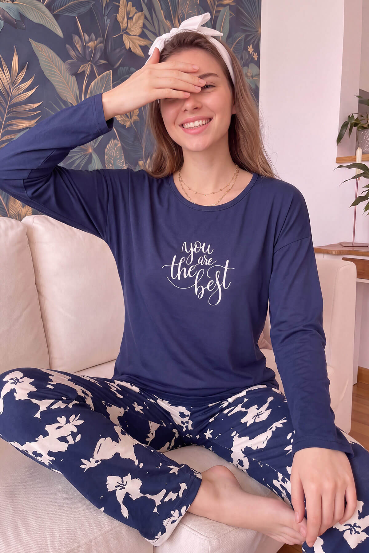 Lacivert Best Desenli Bambu Uzun Kol Kadın Pijama Takımı - Pijamaevi (2)