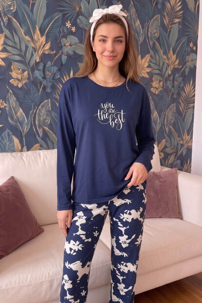 Lacivert Best Desenli Bambu Uzun Kol Kadın Pijama Takımı - 5