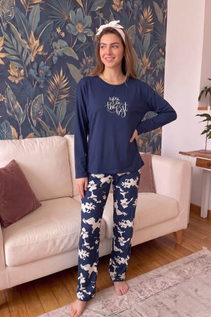 Lacivert Best Desenli Bambu Uzun Kol Kadın Pijama Takımı - 6