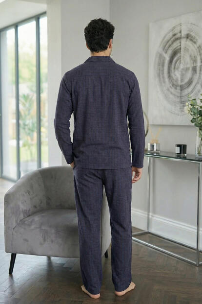 Lacivert Beyaz Ekose Desenli Önden Düğmeli Elegant Erkek Pijama Takımı - 5