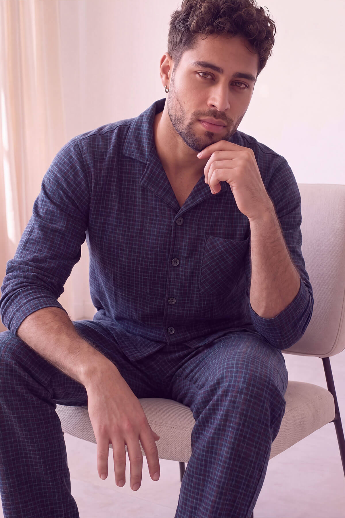 Lacivert Beyaz Ekose Desenli Önden Düğmeli Elegant Erkek Pijama Takımı - Pijamaevi