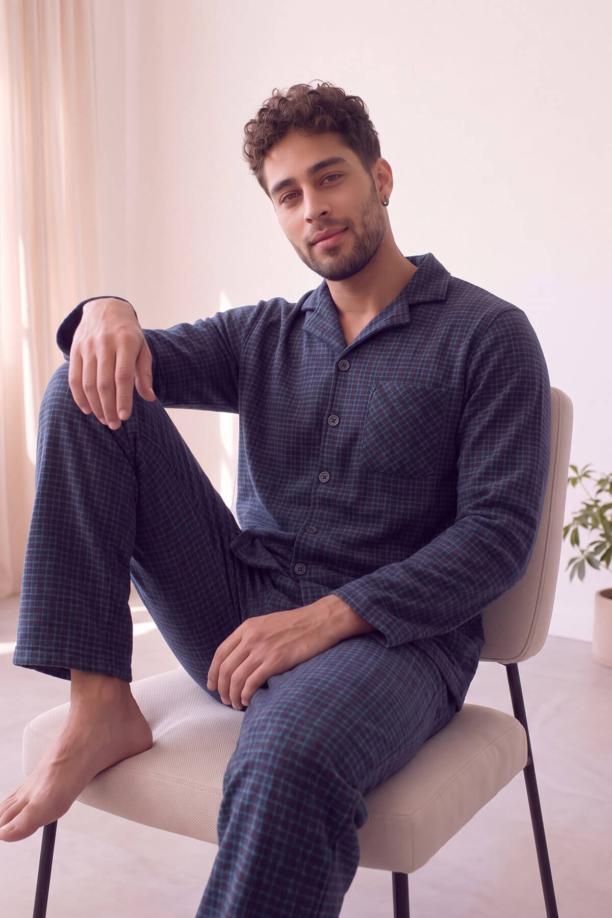 Lacivert Beyaz Ekose Desenli Önden Düğmeli Elegant Erkek Pijama Takımı - Pijamaevi (3)