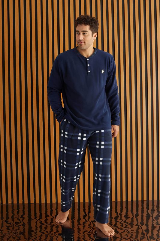 Lacivert Beyaz Ekose Desenli Polar Erkek Pijama Takımı - Pijamaevi (1)