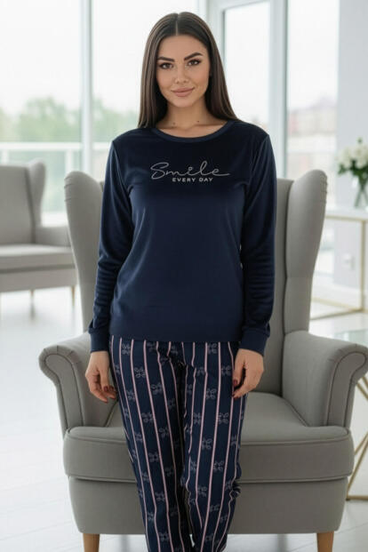Lacivert Beyaz Smile Desenli Exclusive Kadife Kadın Pijama Takımı - 5