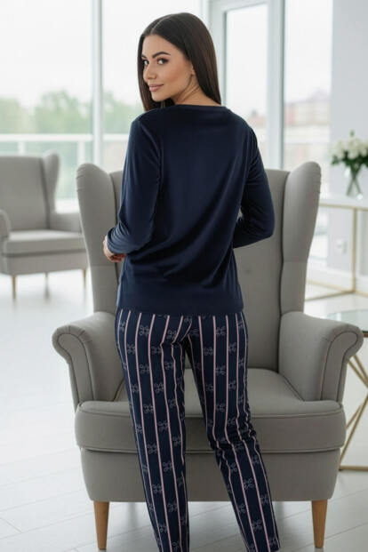 Lacivert Beyaz Smile Desenli Exclusive Kadife Kadın Pijama Takımı - 6