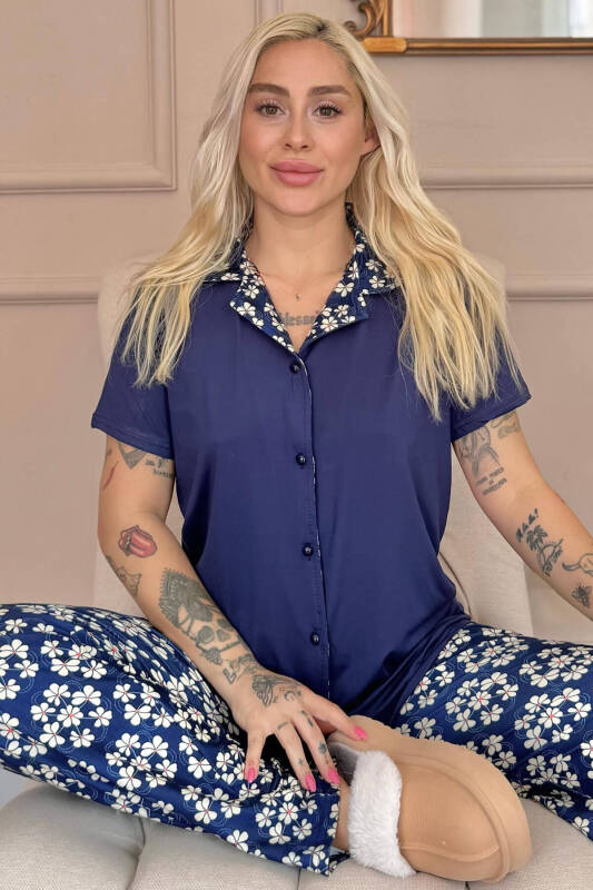 Lacivert Blossom Exclusive Önden Düğmeli Kadın Pijama Takımı - Pijamaevi