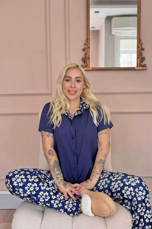 Lacivert Blossom Exclusive Önden Düğmeli Kadın Pijama Takımı - Pijamaevi (1)