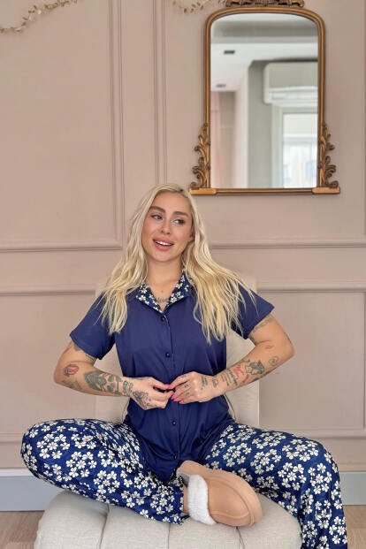 Lacivert Blossom Exclusive Önden Düğmeli Kadın Pijama Takımı - 3