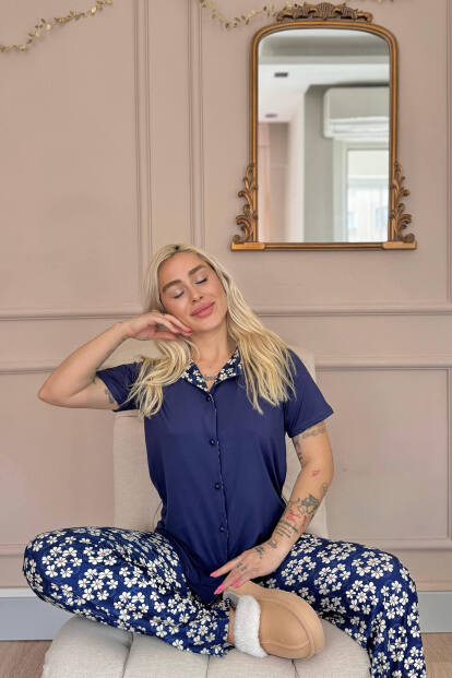 Lacivert Blossom Exclusive Önden Düğmeli Kadın Pijama Takımı - 4
