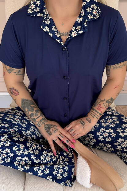 Lacivert Blossom Exclusive Önden Düğmeli Kadın Pijama Takımı - 5