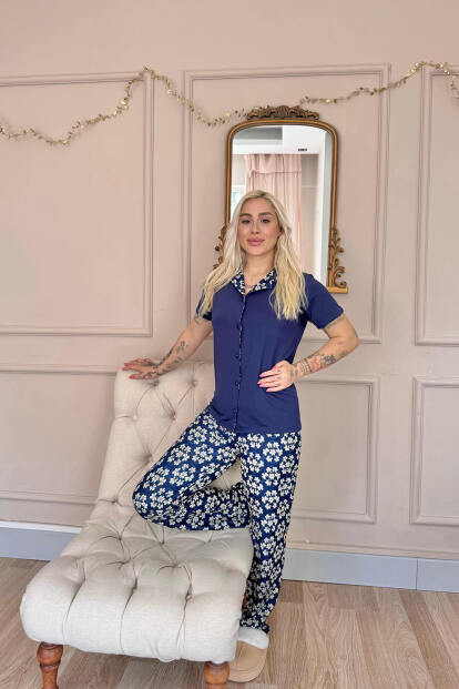 Lacivert Blossom Exclusive Önden Düğmeli Kadın Pijama Takımı - 6