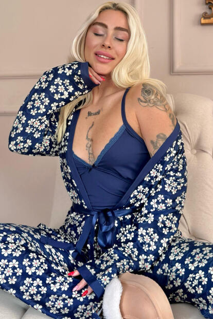 Lacivert Blossom Exclusive Örme Sabahlıklı Kadın Pijama Takım - 7