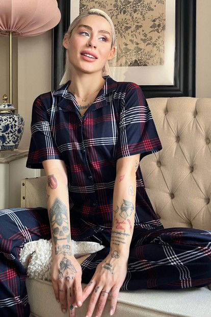 Lacivert Bordo Ekose Baskılı Önden Düğmeli Kısa Kollu Pijama - 1