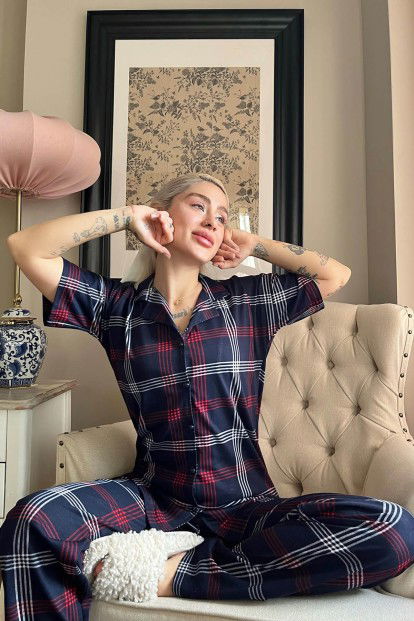 Lacivert Bordo Ekose Baskılı Önden Düğmeli Kısa Kollu Pijama - 2