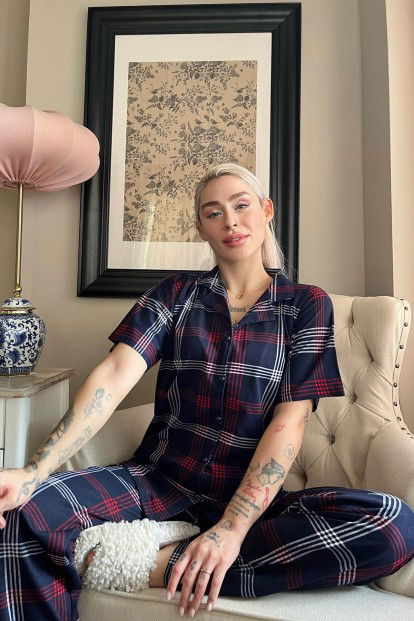 Lacivert Bordo Ekose Baskılı Önden Düğmeli Kısa Kollu Pijama - 3