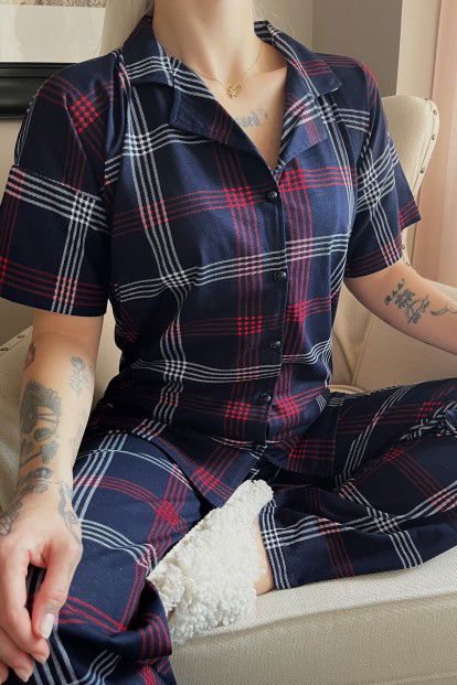 Lacivert Bordo Ekose Baskılı Önden Düğmeli Kısa Kollu Pijama - 4