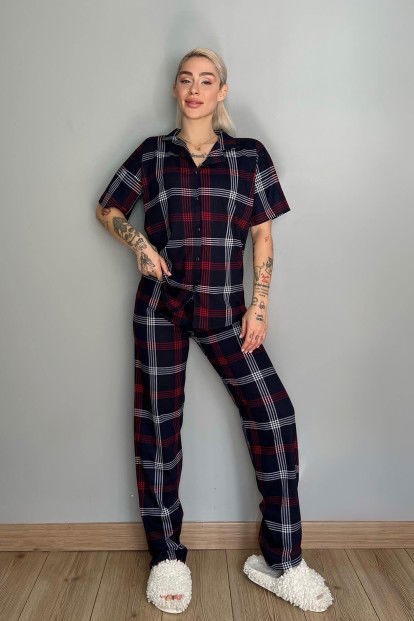 Lacivert Bordo Ekose Baskılı Önden Düğmeli Kısa Kollu Pijama - 5