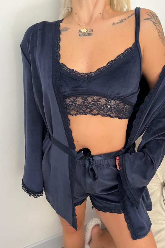 Lacivert Bralet Exclusive Kadife Sabahlıklı Kadın Pijama Takımı  - Pijamaevi (3)