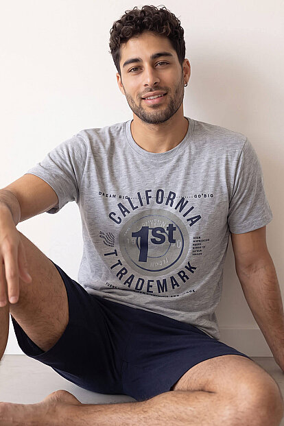 Lacivert California Baskılı Şortlu Kısa Kollu Erkek Pijama Takımı - 1