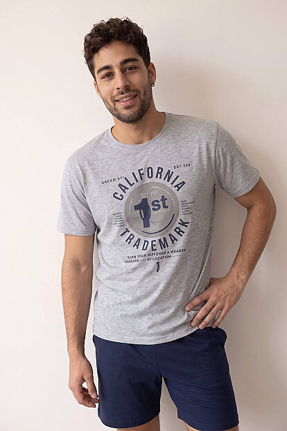 Lacivert California Baskılı Şortlu Kısa Kollu Erkek Pijama Takımı - 4