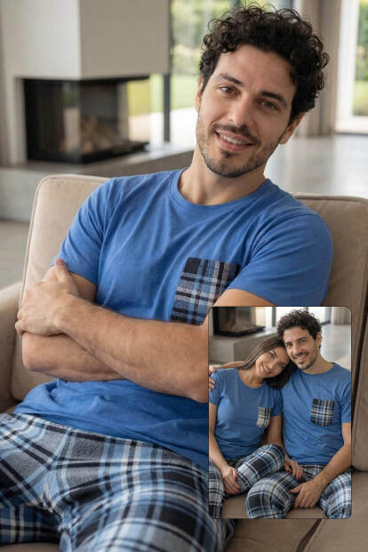 Lacivert Cep Detay Kısa Kol Sevgili Aile Pijaması - Erkek Takımı - 1