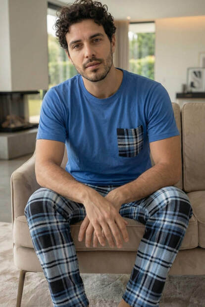 Lacivert Cep Detay Kısa Kol Sevgili Aile Pijaması - Erkek Takımı - 3