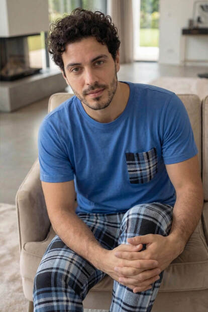 Lacivert Cep Detay Kısa Kol Sevgili Aile Pijaması - Erkek Takımı - 5