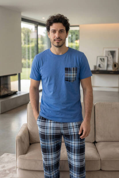 Lacivert Cep Detay Kısa Kol Sevgili Aile Pijaması - Erkek Takımı - 6