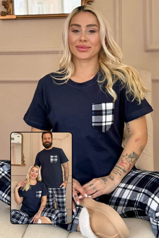 Lacivert Cep Detay Kısa Kol Sevgili Aile Pijaması - Kadın Takımı - Pijamaevi