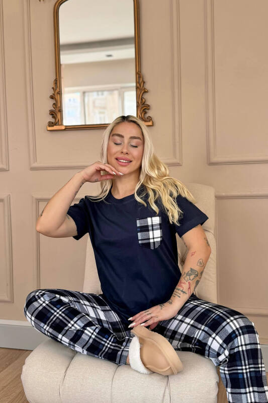 Lacivert Cep Detay Kısa Kol Sevgili Aile Pijaması - Kadın Takımı - Pijamaevi (1)