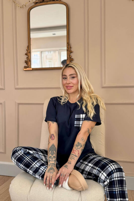 Lacivert Cep Detay Kısa Kol Sevgili Aile Pijaması - Kadın Takımı - Pijamaevi (2)