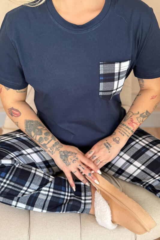 Lacivert Cep Detay Kısa Kol Sevgili Aile Pijaması - Kadın Takımı - Pijamaevi (3)