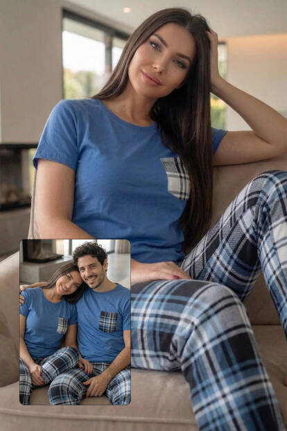 Lacivert Cep Detay Kısa Kol Sevgili Aile Pijaması - Kadın Takımı 