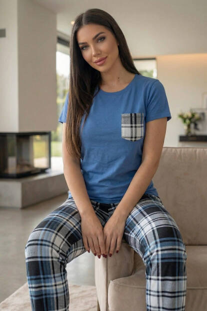 Lacivert Cep Detay Kısa Kol Sevgili Aile Pijaması - Kadın Takımı - 3