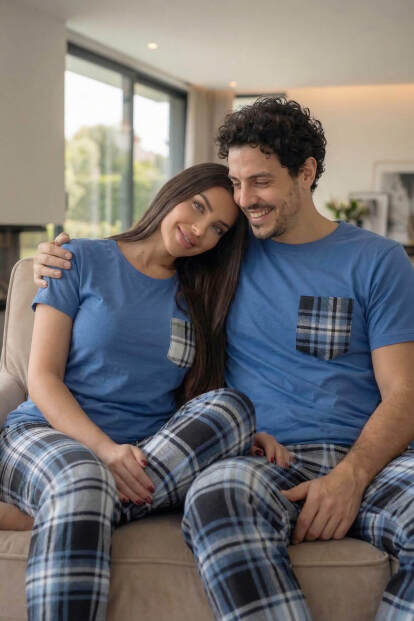 Lacivert Cep Detay Kısa Kol Sevgili Aile Pijaması - Kadın Takımı - 8