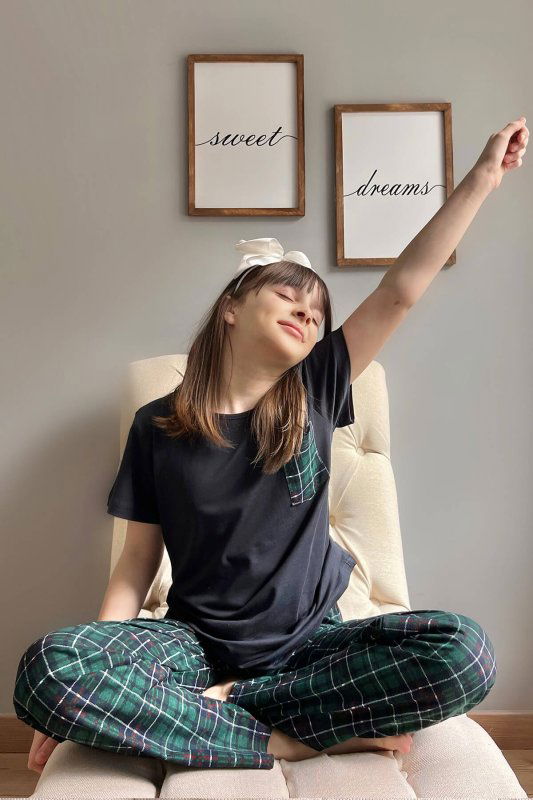 Lacivert Cep Kısa Kol Anne Kız Aile Pijaması - Çocuk Takımı - Pijamaevi (1)