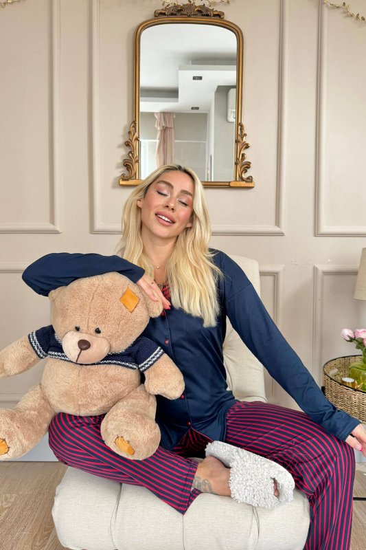 Lacivert Çizgi Desenli Bambu Önden Düğmeli Uzun Kol Kadın Pijama Takımı - Pijamaevi (2)
