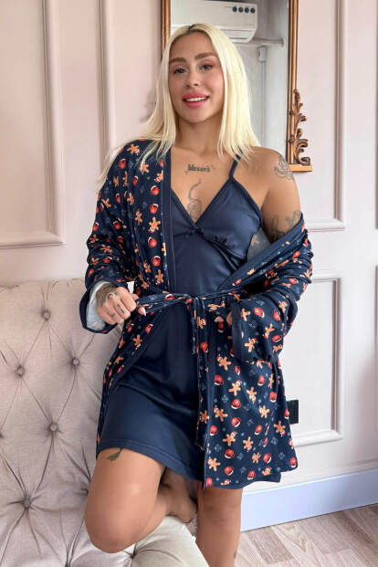 Lacivert Cookie Desenli Termal Gecelik Sabahlıklı Kadın Pijama Takımı - 6