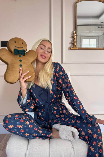 Lacivert Cookieman Desenli Termal Sabahlıklı Kadın Pijama Takımı - 3